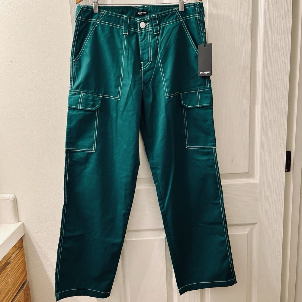 True Religion Military Baggy Cargo Pants Women 31 Aventurine Green  White Stitch